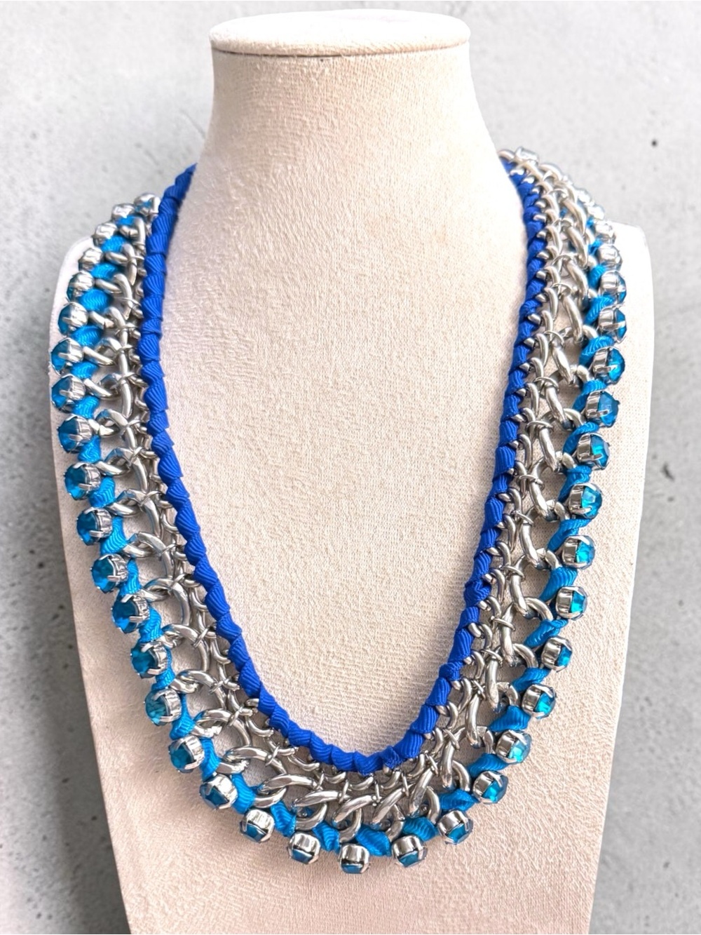 Blue Rhinestone and Silver-Tone Chain Statement Necklace